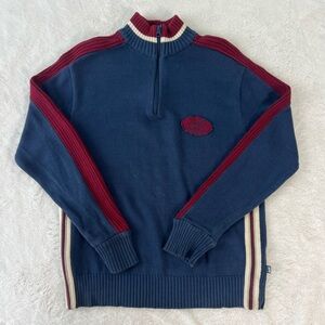 Men's Blue and Red Quarter-Zip Striped Knit Sweater